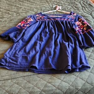 St. John's Bay Navy Blue Blouse with Pink Floral Embroidery